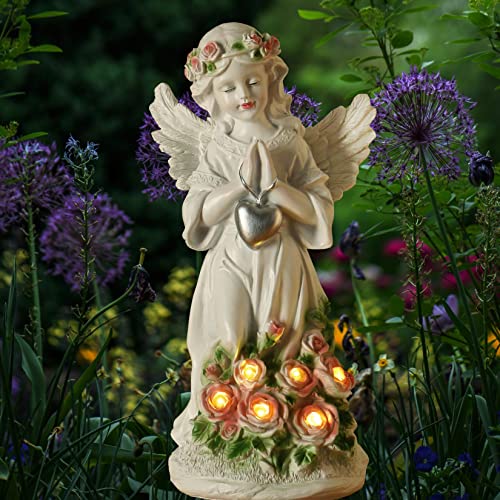 Garden Solar Statue Angel Figurine with Rose Heart and LED Lights