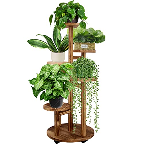 GEEBOBO 5 Tiered Tall Plant Stand for Indoor Outdoor, Wood Plant Shelf Corner Display Rack