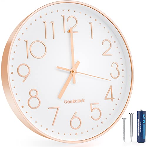 Geekclick 12" Wall Clock [Battery Included], Silent & Large Wall Clocks for Living Room/Office/Home/Kitchen Decor, Modern Style & Easy to Read - Rose Gold & White