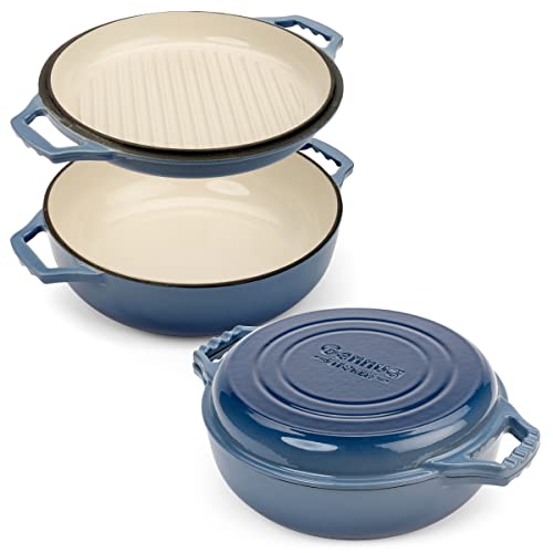 Gennua Kitchen 2-in-1 Enameled Cast Iron Braiser Pan with Grill Lid