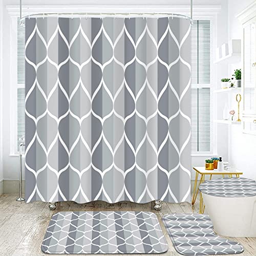 Geometric Grey Shower Curtain Set with Rugs