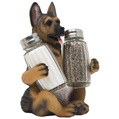German Shepherd Salt and Pepper Shaker Set with Decorative Display Stand