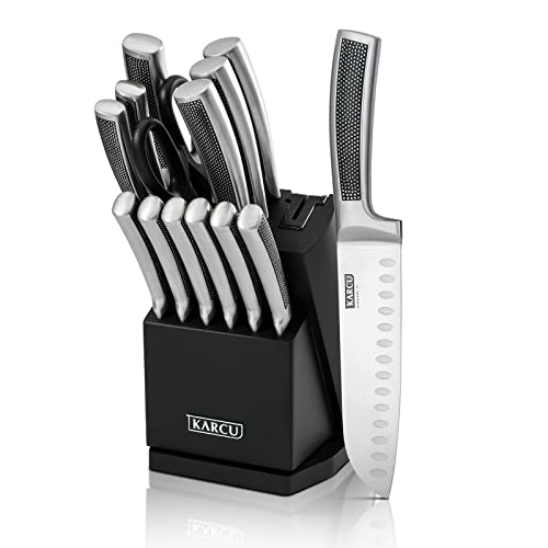 German Steel Kitchen Knife Set with Sharpener, Rotating Block