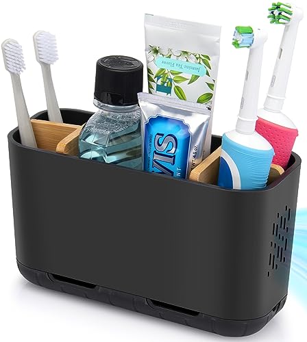 GFWARE Black Toothbrush Holder, Bamboo Toothbrush and Toothpaste Holder with Drainage, Large Electric Toothbrush Holder Organizer, Kids Toothbrush Holders for Bathrooms Countertop