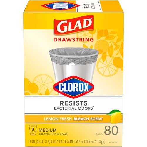 Glad Medium Drawstring Trash Bags with Clorox, 8 Gallon, Lemon Fresh Bleach Scent, 80 Count