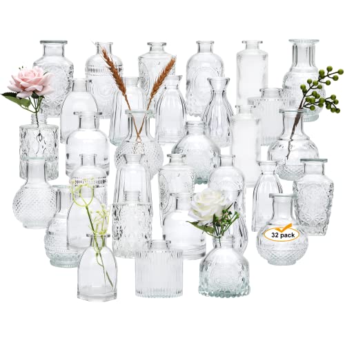 Glass Bud Vases Set of 32,Small Flower Vases for Wedding Centerpiece Table Decorations,Clear Vintage Embossed Mini Vases,Flower Arrangements in Vases for Party or Home Decor …