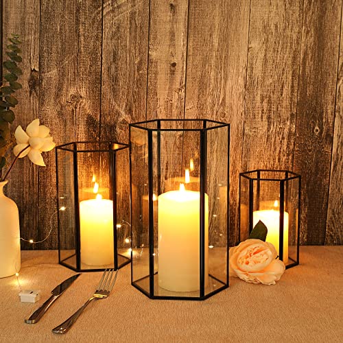 Glass Hurricane Candle Holder, Set of 3 Large Clear Hexagon Lanterns Pillar Candle Lantern with Black Metal Frame Wedding Centerpiece Table Decor Home Decorations