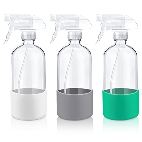 Glass Spray Bottles - 16 oz Clear Reusable Spray Bottles with Silicone Sleeve - 3 Pack