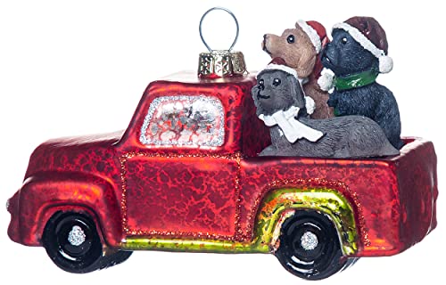 Glass Vintage Red Truck with Dog Ornaments for Christmas Tree
