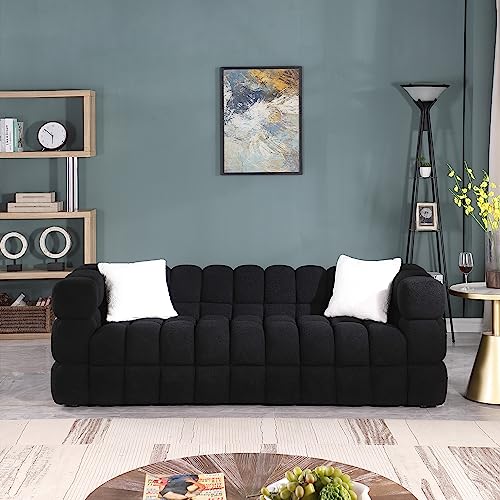 GNIXUU Cloud Sofa Large Couch, Modern Marshmallow Boucle Fabric Couches with Plastic Legs Upholstered Tufted 3 Seater Sofa with 2 Pillows for Living Room, Bedroom, Office, 84 Inch Wide(Black)