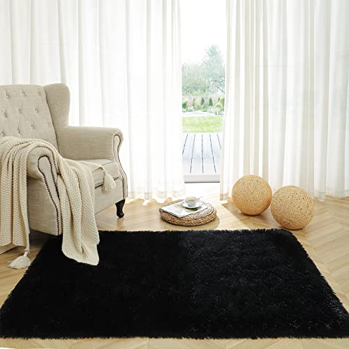 Goideal Soft Shaggy Rug Fluffy Carpet, 3 x 5 Feet Black Furry Area Rug, Plush Bedside Indoor Shag Fuzzy Rug for Bedroom Living Room Dorm Nursery Kids Room Decor