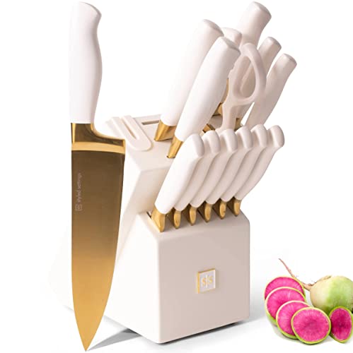 Gold and White Knife Set with Block - 14 PC Titanium Coated Gold and White Kitchen Knife Set
