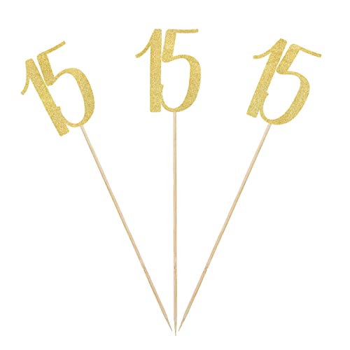 Gold Glitter 15th Birthday Centerpiece Sticks, 12-Pack Number 15 Table Topper Anniversary Party Decorations