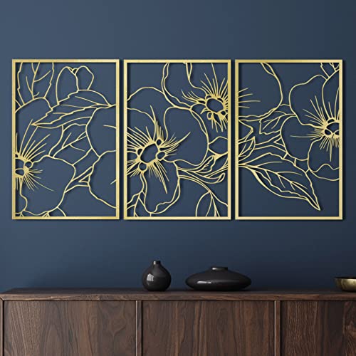 Gold Minimalist Floral Metal Wall Art Decor - 3 Pack