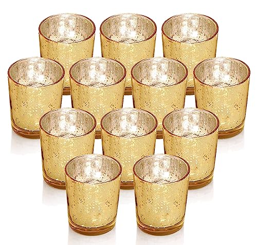 Gold Votive Candle Holders Set of 12 for Wedding Table Centerpiece, Tea Light Candle Holders Decorative, Mercury Glass Candle Holders Bulk for Birthday Party Home Decoration