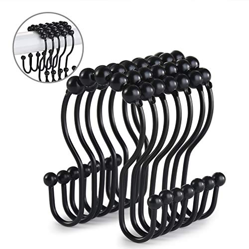 Goowin Shower Curtain Hooks, 12 Pcs Shower Curtain Rings, Stainless Steel Black Shower Curtain Hooks Rings Rust Proof, Smooth Sliding Anti-Drop Double Shower Curtain Hooks for Shower Curtain (Black)