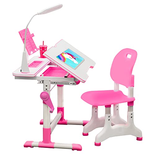 Gorilla Gadgets Kids Table and Chair Set, Height Adjustable Children's Study Desk - for Baby Bedroom, Game Rooms, Night Light Included (DSK-Kids-PNK)