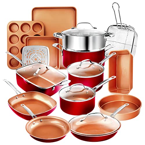 Moss & Stone Copper 5 Piece Set Chef Cookware, Non Stick Pan, Deep Square  Pan, Fry Basket, Steamer Tray, Dishwasher & Oven Safe, 5 Quart Copper Pot  Set, Red Induction Cookware Set 