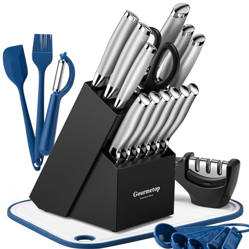 Gourmetop Knife Set, 20 Pcs Kitchen Knife Set with Block, Sharpener, Cutting Board & Essential Gadget. Sharp Stainless Steel Knives Set for Kitchen Cooking, Knife Block Set Dishwasher Safe