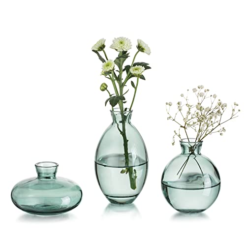 Green Glass Bud Vase - Modern Decorative Mini Flowers Vases