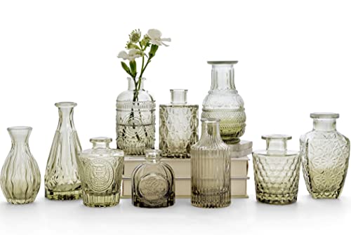 Green Glass Bud Vase Set - Small Vases for Flowers