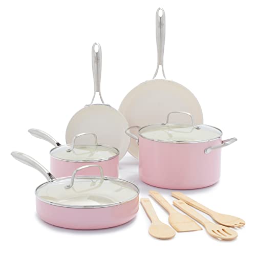 GreenLife Artisan Healthy Ceramic Nonstick, 12 Piece Cookware Pots and Pans Set, Stainless Steel Handle, PFAS-Free, Dishwasher Safe, Oven Safe, Soft Pink