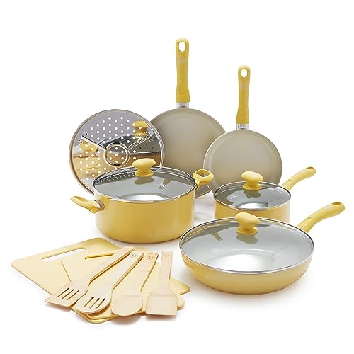 GreenLife Sandstone Healthy Ceramic Nonstick, 15 Piece Kitchen Cookware Pots and Frying Sauce Pans Set, PFAS- Free, Dishwasher Safe, Yellow