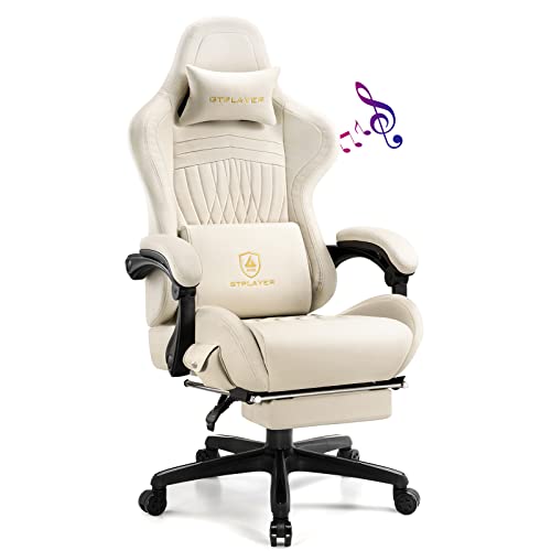 GTPLAYER Gaming Chair with Speakers, Computer Chair with Footrest, High Back Ergonomic Gaming Chair, Reclining Gaming Chair with Linkage Armrests for Adults by GTRacing (Ivory)