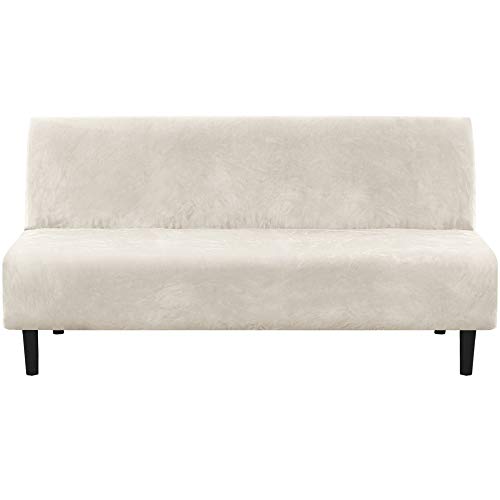 H.VERSAILTEX Real Velvet Futon Cover Armless Sofa Covers Sofa Bed Covers Stretch Futon Couch Cover Sofa Slipcover Furniture Protector Thick Soft Velvet Fabric Form Fitted Stay in Place, Ivory