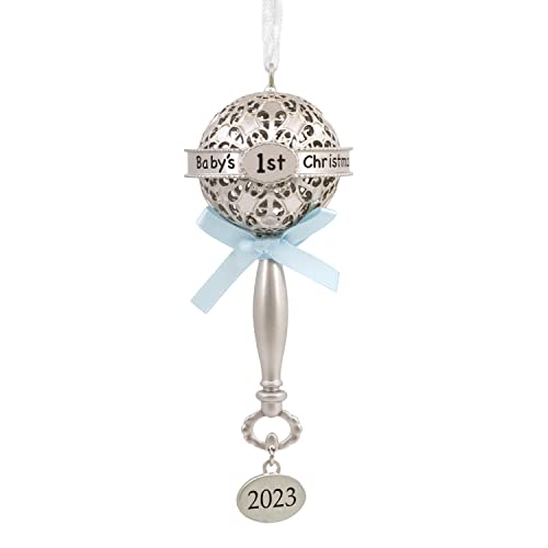 Hallmark Baby's First Christmas Silver Baby Rattle with Blue Ribbon 2023 Christmas Ornament, Premium Metal
