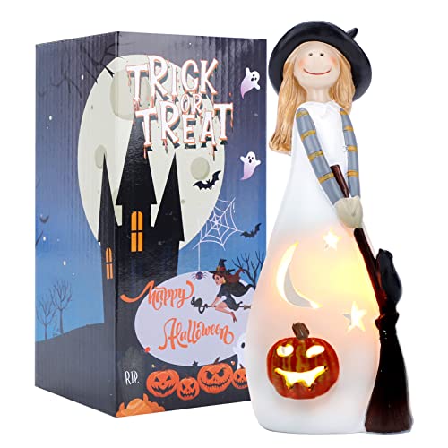Halloween Witch Figurines Candle Holder with Flickering Led Candle, Witches Hats, Black Crow, Pumpkin, Witch Decor Collectible Figure, Witch Desktop Decorations for Halloween