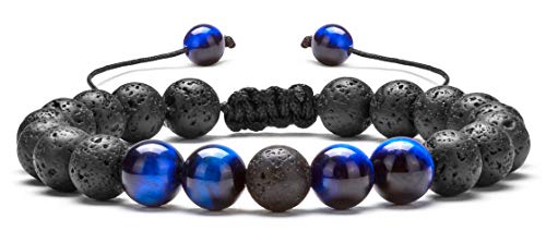 Hamoery Men Women 8mm Lava Rock Aromatherapy Anxiety Essential Oil Diffuser Bracelet Adjustable Natural Stone Yoga Beads Bracelet Bangle(Blue Tiger Eye)