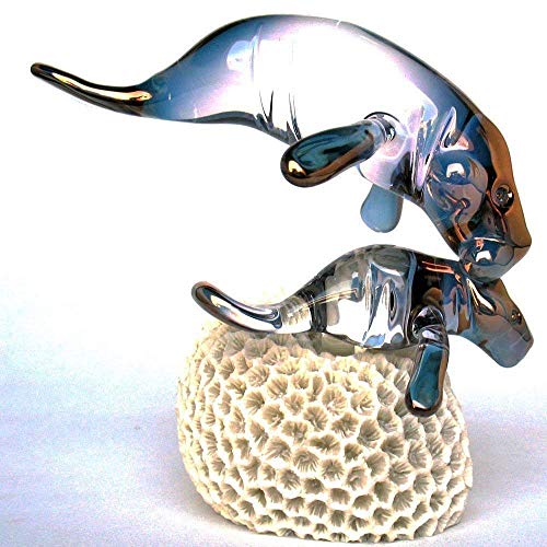 Hand Blown Glass Manatee and Calf Figurine on Coral