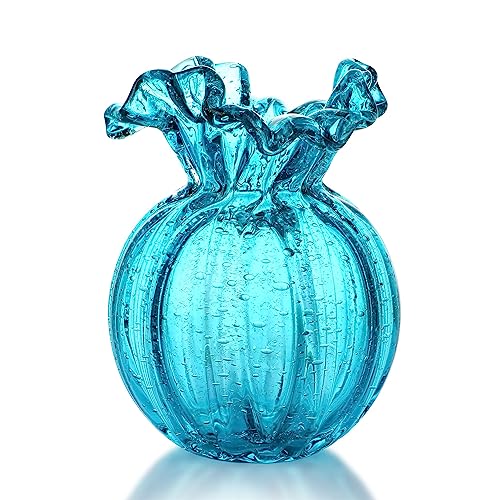 Hand-Blown Glass Vase Collection Modern Art Design Decorative Flower Vase for Home Decor Living Room, Home, Office, Centerpiece,Table and Wedding (Blue,7inch)