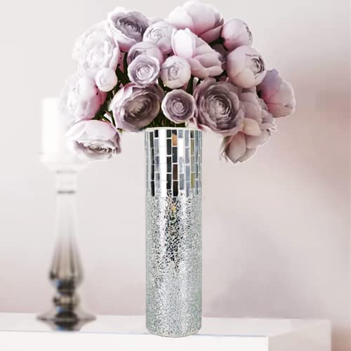 Handmade Decorative Crackle Glass Tall Silver Vase