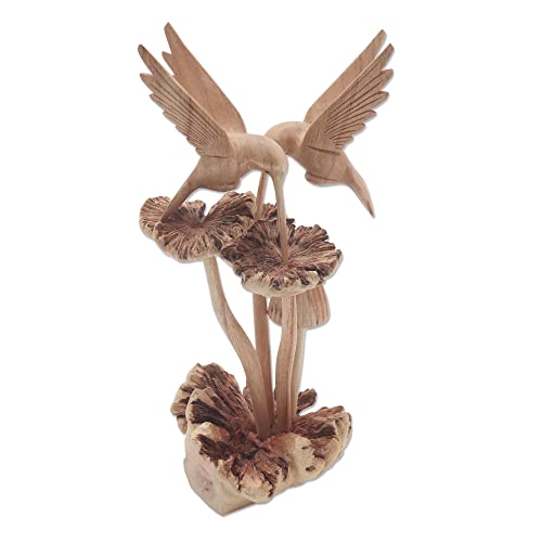 Handmade Wood Sculpture - Hummingbirds and Mushrooms
