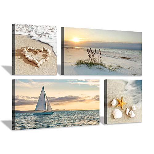 Hardy Gallery Beach Picture Sunset Canvas Art: Seascape Painting with Sailboat & Coastal Conch Artwork Wall Art for Bedroom (24'' x 12'' x 2 Panels + 12'' x 12'' x 2 Panels)
