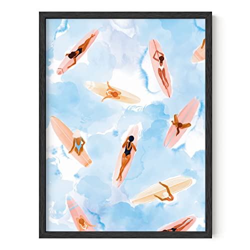 HAUS AND HUES Beach Art Beach Posters - Surfer Girl Poster, Beach Themed Prints, Surfing Artwork, Pictures of Beachy Scenes Wall Decor, Ocean Seascapes, Watercolor Art Surfers (12x16 Unframed)
