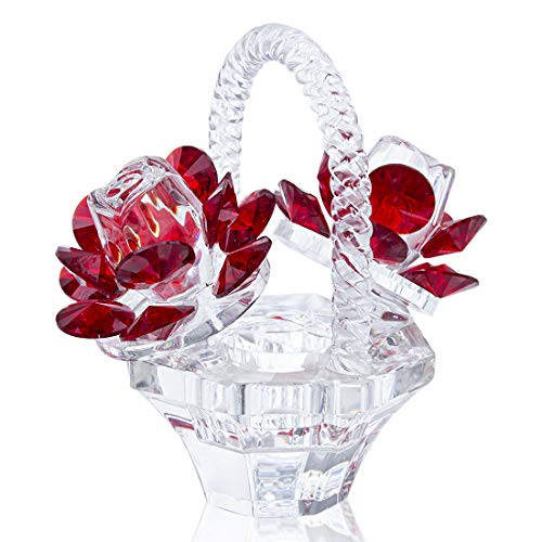 H&D HYALINE & DORA Crystal Red Rose Flower Basket Crystal Collectible Figurines Ornaments for Home Decor Table Centerpiece