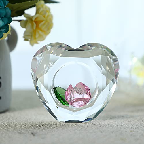 H&D HYALINE & DORA Handcraft Crystal Heart Shaped Figurine Ornament,Pink Rose Flower Inside,Office Home Table Centerpieces Decor