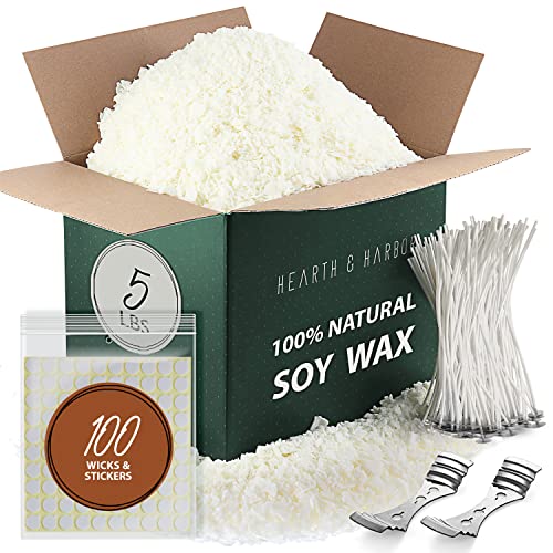 Hearth & Harbor Soy Candle Wax for Candle Making - Natural - 5 lb Bag, Premium Soy Wax Flakes, 100 Cotton Candle Wicks, 100 Wick Stickers, & 2 Centering Devices