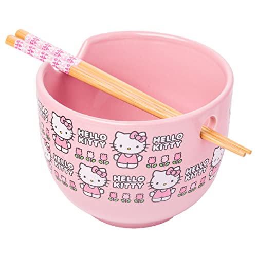 Hello Kitty Flowers Pattern Ceramic Ramen Noodle Rice Bowl with Chopsticks