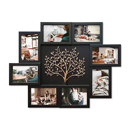 Hello Laura - 4x6 Picture Frame Collage Family Tree Wall Decor Display 8 Opening Photos Collage with Tree Decor for Home Bedroom - Black