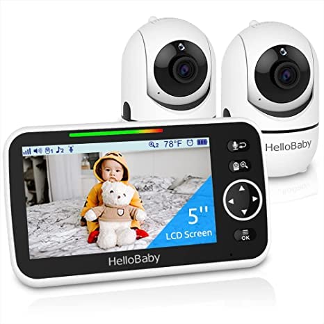 HelloBaby 5'' Baby Monitor with 26-Hour Battery, 2 Cameras Pan-Tilt-Zoom, 1000ft Range Video Audio Baby Monitor No WiFi, VOX, Night Vision, 2-Way Talk, 8 Lullabies and Temperature