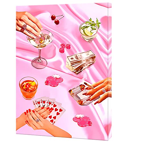HEMOLAL Pink Luck Playing Cards Aesthetic Poster Funky Cocktail Dice Canvas Wall Art Vintage Poker Night Prints Painting Funny Casino Gambling Dice Chips Room Decor for Bar 16x24in Unframed