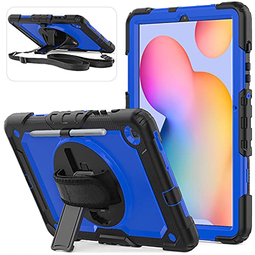 Herize Samsung Galaxy Tab S6 Lite Case SM-P610/P613/P615/P619 with Screen Protector | Three Layer Child Proof Drop Protection Silicon Cover W/Kickstand Shoulder Strap for Tab S6 Lite 10.4 Inch | Blue