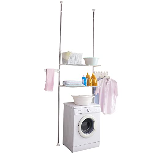 Hershii 2-Layer Laundry Shelf Over Washer and Dryer Clothes Drying Pole Organizer Floor to Ceiling Adjustable Storage Rack Bathroom Space Saver Behind Toilet Shelving Units Double Tension Rods