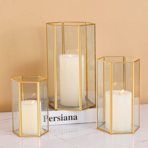 Hexagon Glass Hurricane Candle Holder Set with Gold Metal Frame