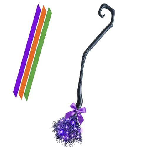 HEYCOLOR Lighted Witch Broom with LED Purple Lights