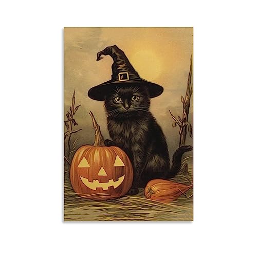 HHGaoArt Gothic Canvas Wall Art Poster Halloween Ghost Spooky Decor Canvas Picture (7-Witch cat,16x24inch-Unframe)